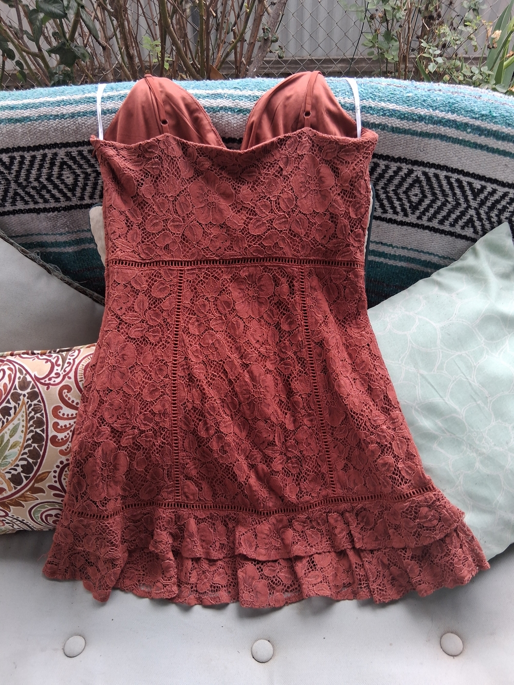 Lulu's Rust Lace Ruffle-Hem Spaghetti Strap Mini Dress - Picture 5 of 10